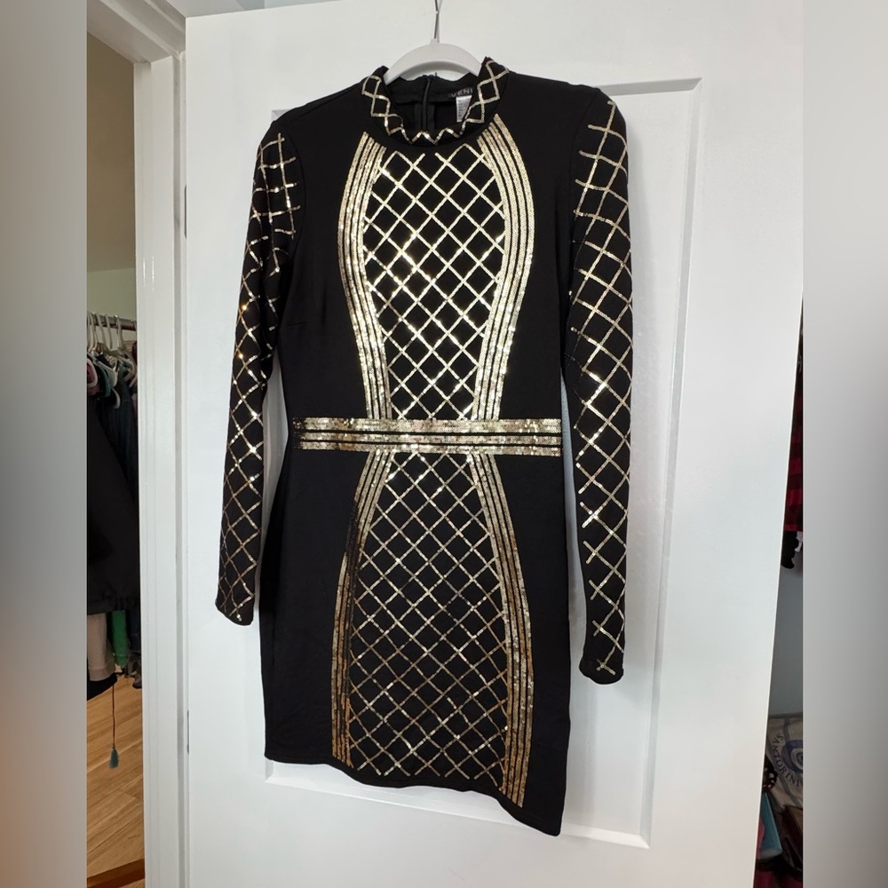 LIKE NEW! VENUS Knit Black Dress with Gold Accents Size 12